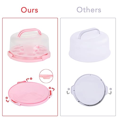 DZ CLAN Cake Carrier, Carrier Cupcake Holder with Cake Turntable, Cake Carrier with Lid and Handle(Pink)