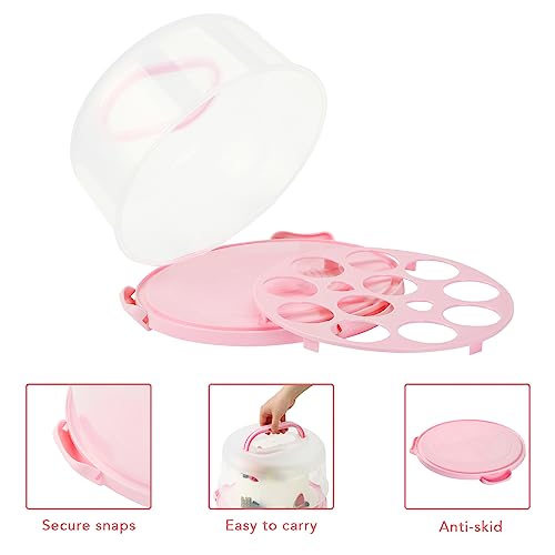 DZ CLAN Cake Carrier, Carrier Cupcake Holder with Cake Turntable, Cake Carrier with Lid and Handle(Pink)