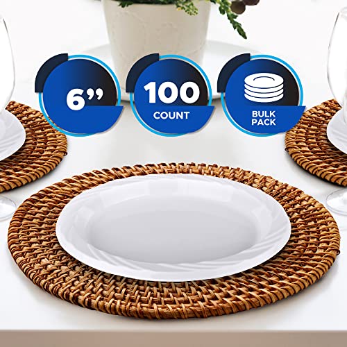 PAMI Premium Disposable Plastic Plates [Pack of 100] - 6” White Party Plates For Dinner Desserts Appetizers- Heavy-Duty Microwavable Plates In Bulk For Any Occasion- Elegant Plastic Dinnerware Set