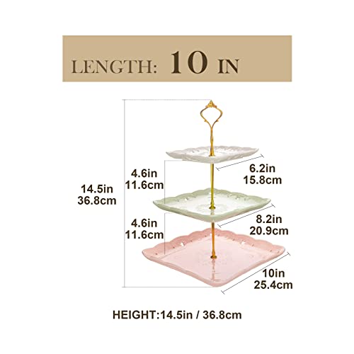 MALACASA 3 Tier Cupcake Stand, Porcelain Tiered Cupcake Tower Stand, Square Embossed Dessert Stand Serving Trays for Tea Party and Wedding, Multicolor Display Stand, Series Sweet.Time