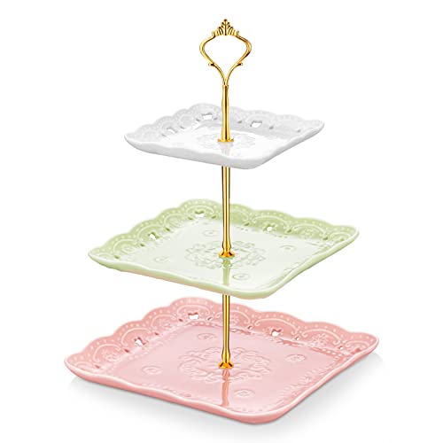MALACASA 3 Tier Cupcake Stand, Porcelain Tiered Cupcake Tower Stand, Square Embossed Dessert Stand Serving Trays for Tea Party and Wedding, Multicolor Display Stand, Series Sweet.Time