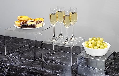 2 Sets of 3 Crystal Clear Acrylic Cube Display Nesting Risers with Hollow Bottoms, Transparent