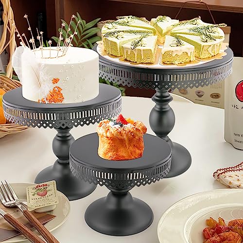 3-Set Cake Stand Round Cake Stands for Halloween Decorations Wedding Event Birthday Party Baby Shower (Black)