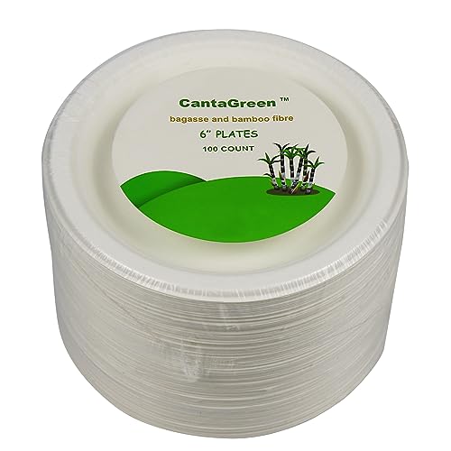CantaGreen 6 inch Compostable Dessert Plates,100 Count Heavyduty Sugarcane/Bagasse and Bamboo Fibre Biodegradable Disposable Paper Plate