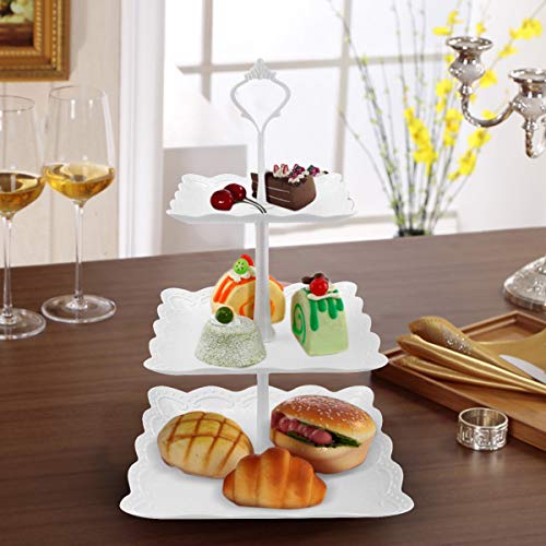 Doryum Three Tiers White Cake Display Stand with Fittings, Plastic Square Cake Stand Display Fruit Plate, Dessert Stand, Cupcake Stand Party Serving Platter Stand for Birthday Weeding Party
