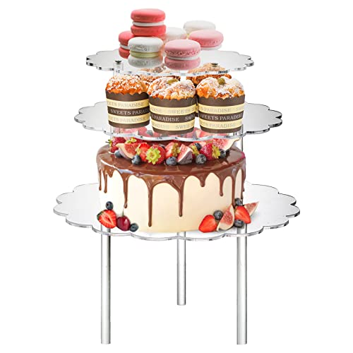 Okllen 3 Pack Clear Acrylic Cake Stands, Cupcake Stand Cake Holder, Countertop Dessert Display Riser for Bakery, Appetizer, Birthday Wedding Party Baby Shower, Flower Shape
