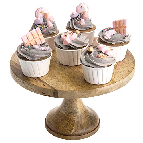 MyGift Solid Mango Wood Pedestal Cake Stand, 10 Inch Round Dessert Cupcake Holder Stand - Handcrafted in India