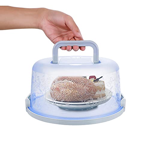 DOITOOL Plastic Cake Carrier with Collapsible Handle for 8inch Cake, Portable Round Cake Container for Transport, Cake Keeper with Cover and Latch for Cakes, Pies, Cupcakes, Muffins Dessert (Blue)
