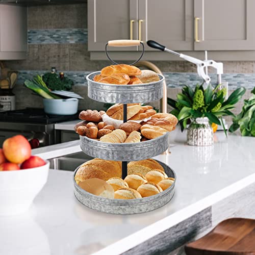Vipush Farmhouse Metal Tiered Tray, Rustic Galvanized 3 Tiered Serving Stand, Three Tier Serving Tray with Handle for Kitchen, Party or Home Decor