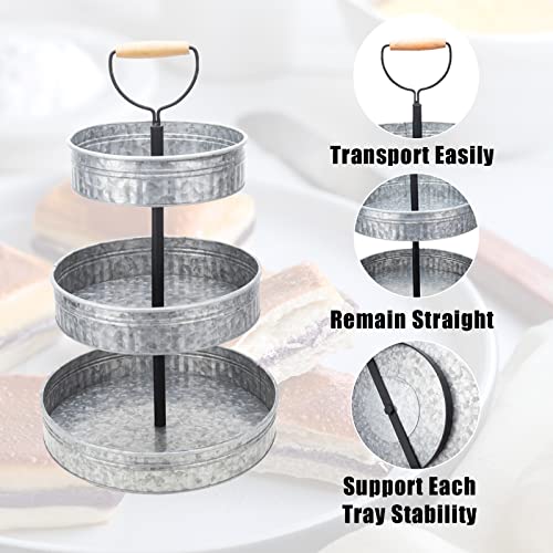 Vipush Farmhouse Metal Tiered Tray, Rustic Galvanized 3 Tiered Serving Stand, Three Tier Serving Tray with Handle for Kitchen, Party or Home Decor