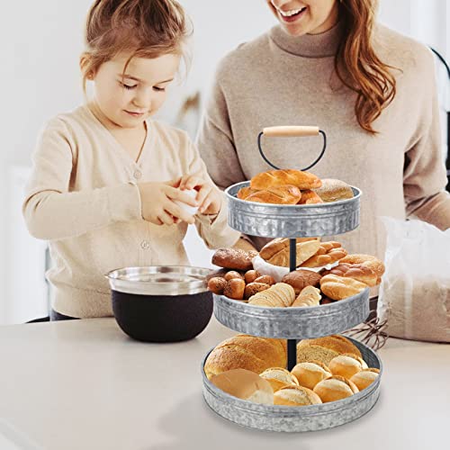 Vipush Farmhouse Metal Tiered Tray, Rustic Galvanized 3 Tiered Serving Stand, Three Tier Serving Tray with Handle for Kitchen, Party or Home Decor