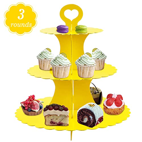 GothaBach 3-Tier Cardboard Cupcake Stand, Round Dessert Tree Display Tower, 3-Tier Cupcake Holder for Weddings, Birthdays, Parties (Yellow)