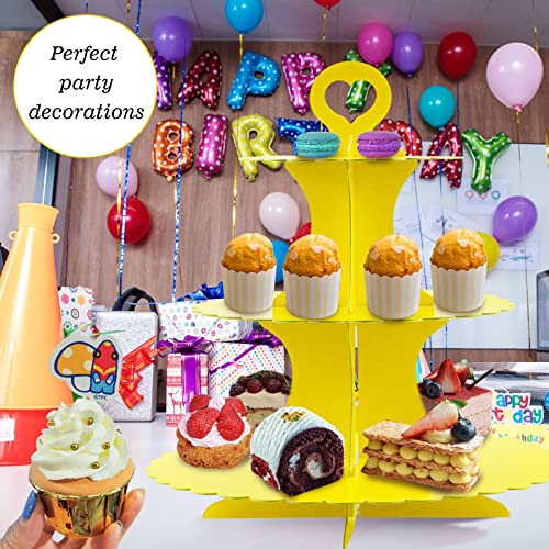 GothaBach 3-Tier Cardboard Cupcake Stand, Round Dessert Tree Display Tower, 3-Tier Cupcake Holder for Weddings, Birthdays, Parties (Yellow)