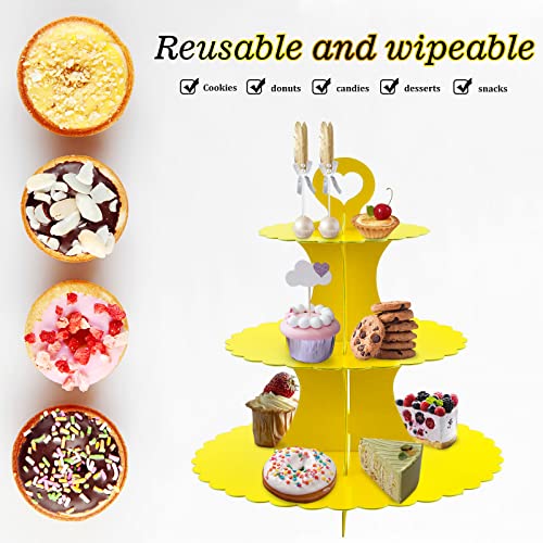 GothaBach 3-Tier Cardboard Cupcake Stand, Round Dessert Tree Display Tower, 3-Tier Cupcake Holder for Weddings, Birthdays, Parties (Yellow)