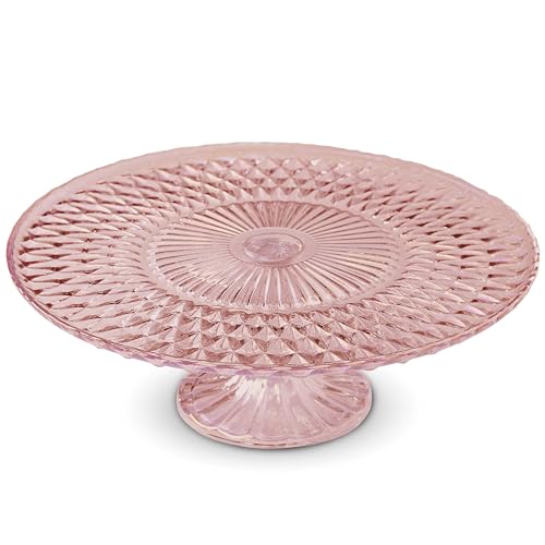 Amici Home Rochester Footed Glass Cake Stand | Round Vintage Style Cake Plate | Serving Platter for Cupcakes, Cookies, Birthday Cake | Dessert Display Stand for Parties, Weddings, and Gift (Pink)