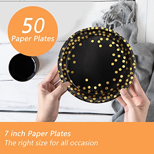 Birthdayparties Black and Gold Paper Plates 7 inch, Foil Polka Dots Disposable Paper Plates Golden Dots Party Supplies Plates 50 Pack