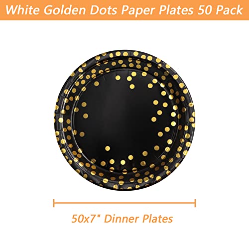 Birthdayparties Black and Gold Paper Plates 7 inch, Foil Polka Dots Disposable Paper Plates Golden Dots Party Supplies Plates 50 Pack