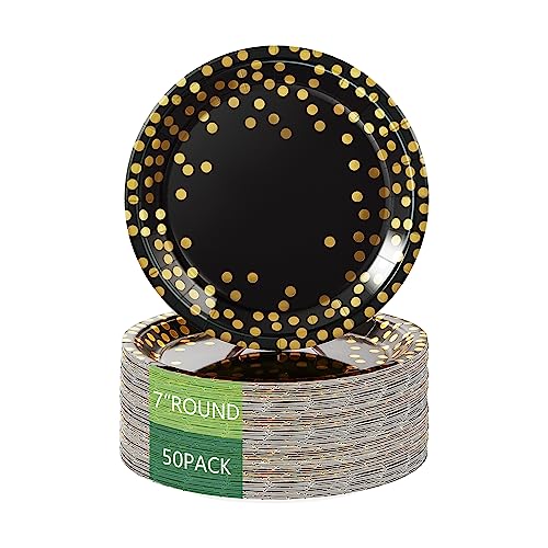 Birthdayparties Black and Gold Paper Plates 7 inch, Foil Polka Dots Disposable Paper Plates Golden Dots Party Supplies Plates 50 Pack