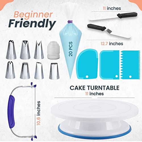 RFAQK 35PCs Cake Turntable and Leveler-Rotating Cake Stand with Non Slip pad-7 Icing Tips and 20 Bags- Straight & Offset Spatula-3 Scraper Set -EBook-Cake Decorating Supplies Kit -Baking Tools
