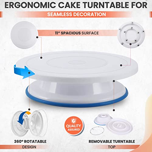 RFAQK 35PCs Cake Turntable and Leveler-Rotating Cake Stand with Non Slip pad-7 Icing Tips and 20 Bags- Straight & Offset Spatula-3 Scraper Set -EBook-Cake Decorating Supplies Kit -Baking Tools