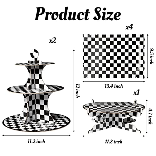 Haooryx 7Pcs Checkered Cupcake Stand Set, 2 Black White Checkered 3-Tier Cupcake Tower Cardboard Dessert Holder 1 Round Cake Stand Platters 4 Rectangle Serving Tray for Theme Birthday Party Supplies