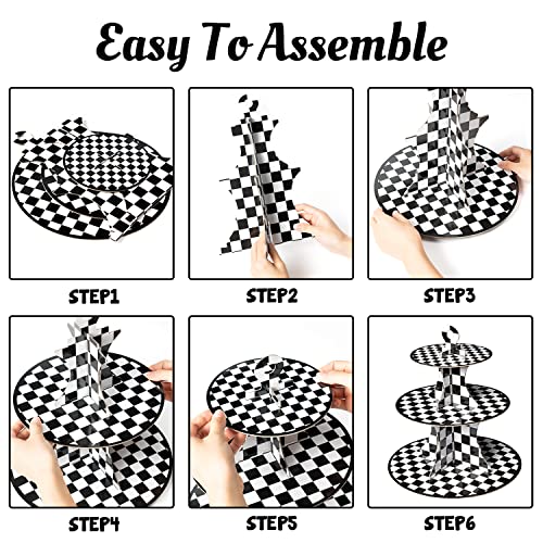 Haooryx 7Pcs Checkered Cupcake Stand Set, 2 Black White Checkered 3-Tier Cupcake Tower Cardboard Dessert Holder 1 Round Cake Stand Platters 4 Rectangle Serving Tray for Theme Birthday Party Supplies