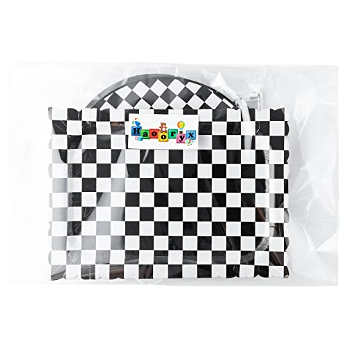 Haooryx 7Pcs Checkered Cupcake Stand Set, 2 Black White Checkered 3-Tier Cupcake Tower Cardboard Dessert Holder 1 Round Cake Stand Platters 4 Rectangle Serving Tray for Theme Birthday Party Supplies