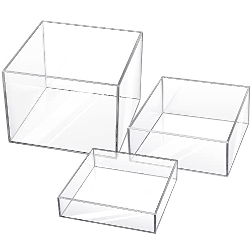 Set of 3 Acrylic Display Risers Acrylic Boxes Acrylic Display Nesting Cubes 5 Sided with Hollow Bottoms Display Stand Shelf for Comestic Food Collectibles Jewelry Figures Show (Clear)
