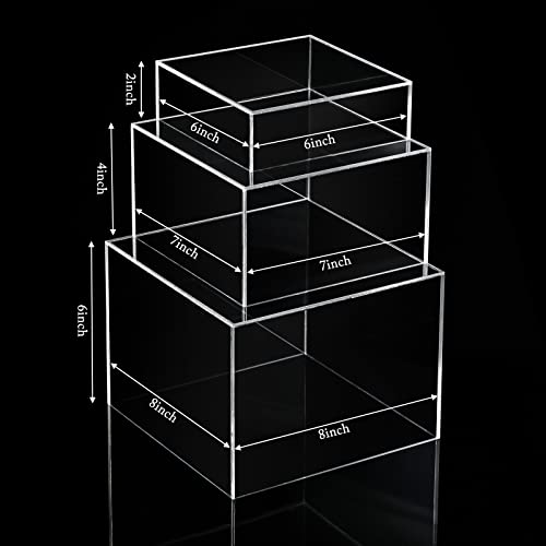 Set of 3 Acrylic Display Risers Acrylic Boxes Acrylic Display Nesting Cubes 5 Sided with Hollow Bottoms Display Stand Shelf for Comestic Food Collectibles Jewelry Figures Show (Clear)