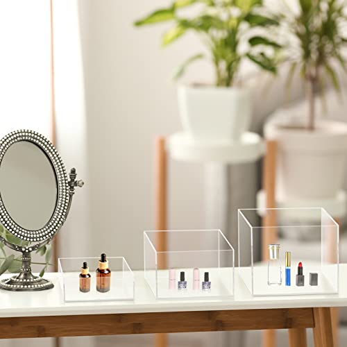 Set of 3 Acrylic Display Risers Acrylic Boxes Acrylic Display Nesting Cubes 5 Sided with Hollow Bottoms Display Stand Shelf for Comestic Food Collectibles Jewelry Figures Show (Clear)