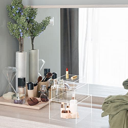 Set of 3 Acrylic Display Risers Acrylic Boxes Acrylic Display Nesting Cubes 5 Sided with Hollow Bottoms Display Stand Shelf for Comestic Food Collectibles Jewelry Figures Show (Clear)