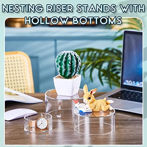 6 Pcs Acrylic Stands for Display, 5.91 in 5.12 in 3.54 in, Nesting Riser Stands Clear Stands Pedestal Display Shelf with Hollow Bottom for Cake Tabletop Figures Jewelry Food (Round)