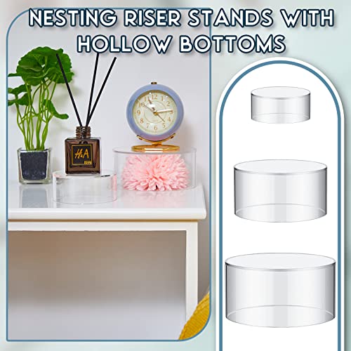 6 Pcs Acrylic Stands for Display, 5.91 in 5.12 in 3.54 in, Nesting Riser Stands Clear Stands Pedestal Display Shelf with Hollow Bottom for Cake Tabletop Figures Jewelry Food (Round)