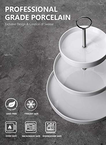 Sweese 734.101 3-Tier Porcelain Cupcake Stand, Tiered Dessert Stand, Cake Stand - White Porcelain Round Plates for Tea Party Wedding Baby Shower Buffet Server