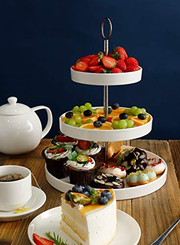 Sweese 734.101 3-Tier Porcelain Cupcake Stand, Tiered Dessert Stand, Cake Stand - White Porcelain Round Plates for Tea Party Wedding Baby Shower Buffet Server