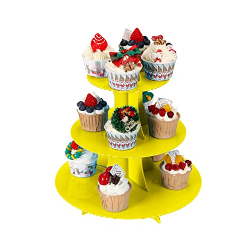 YLDW 3-Tier Cupcake Stand, Cake Stand Holder, Tiered DIY Cupcake Stand Tower for Dessert Table Displays, Birthday Theme Party Favors Decoration, Floral Tea Party, 12" W x 12.8" H, Yellow