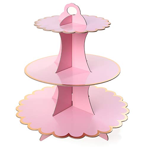 3-Tier Cardboard Cupcake Stand/Tower, Flyome Round Dessert Tree Display Holder Universal for Thanks Giving, Christmas, Weddings,Birthdays, Parties, Pink/Gold