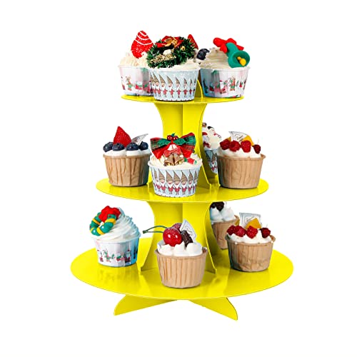 YLDW 3-Tier Cupcake Stand, Cake Stand Holder, Tiered DIY Cupcake Stand Tower for Dessert Table Displays, Birthday Theme Party Favors Decoration, Floral Tea Party, 12" W x 12.8" H, Yellow