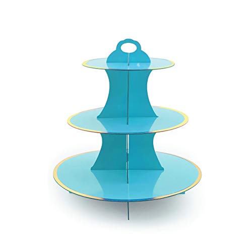 iFavor123 Round Solid Blue Gold Trim Premium Sturdy Cardboard Cupcake Stand Dessert Tower Treat Stacked Pastry Serving Platter Food Display (Blue)