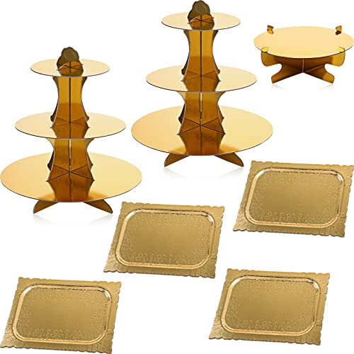 7 Pieces Cake Stand Set 3-Tier Cardboard Cupcake Stand 1-Tier Cake Stand Round Dessert Stand Rectangle Serving Tray Reusable Platters Cupcake Holders for Desserts Birthday Party (Gold)