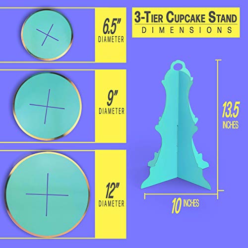 iFavor123 Round Solid Blue Gold Trim Premium Sturdy Cardboard Cupcake Stand Dessert Tower Treat Stacked Pastry Serving Platter Food Display (Blue)