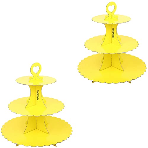 XIXIMENG 2 Pack Cardboard Cupcake Stand 3- Tier lace Edge Dessert Stand, Cardboard Cupcake Stand (J-Yellow)