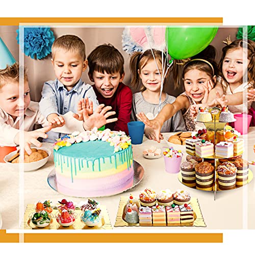 7 Pieces Cake Stand Set 3-Tier Cardboard Cupcake Stand 1-Tier Cake Stand Round Dessert Stand Rectangle Serving Tray Reusable Platters Cupcake Holders for Desserts Birthday Party (Gold)