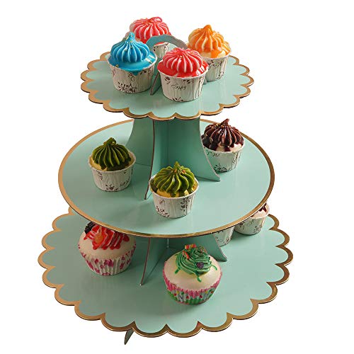 YLDW 3-Tier Cupcake Stand, Lace Trim Cake Stand holder, Tiered DIY Cupcake Stand Tower for Dessert Table Displays, Birthday Theme Party Favors Decoration, Floral Tea Party, 12"W x 12.8"H, Mint Green
