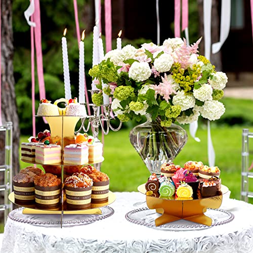 7 Pieces Cake Stand Set 3-Tier Cardboard Cupcake Stand 1-Tier Cake Stand Round Dessert Stand Rectangle Serving Tray Reusable Platters Cupcake Holders for Desserts Birthday Party (Gold)
