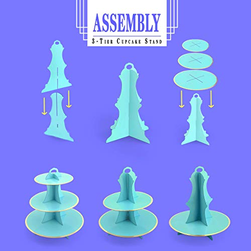 iFavor123 Round Solid Blue Gold Trim Premium Sturdy Cardboard Cupcake Stand Dessert Tower Treat Stacked Pastry Serving Platter Food Display (Blue)