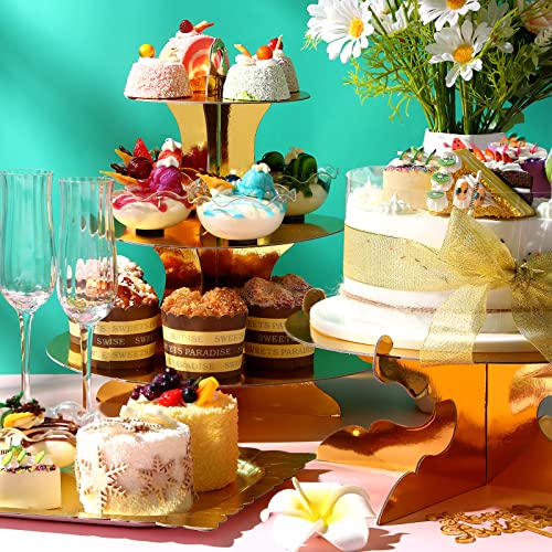 7 Pieces Cake Stand Set 3-Tier Cardboard Cupcake Stand 1-Tier Cake Stand Round Dessert Stand Rectangle Serving Tray Reusable Platters Cupcake Holders for Desserts Birthday Party (Gold)