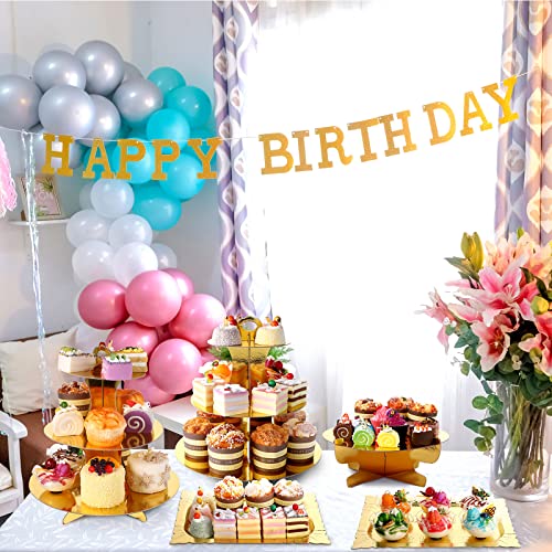 7 Pieces Cake Stand Set 3-Tier Cardboard Cupcake Stand 1-Tier Cake Stand Round Dessert Stand Rectangle Serving Tray Reusable Platters Cupcake Holders for Desserts Birthday Party (Gold)