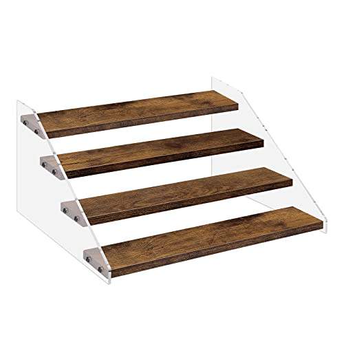 Homode Wood Display Stand, Tiered Wooden Cupcake Stand, 4 Tier Acrylic Display Shelf Riser for Vendors, Pop Figures, Perfumes, Cup Cakes or Collectibles, Rustic Brown