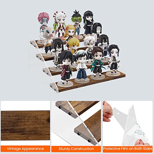 Homode Wood Display Stand, Tiered Wooden Cupcake Stand, 4 Tier Acrylic Display Shelf Riser for Vendors, Pop Figures, Perfumes, Cup Cakes or Collectibles, Rustic Brown